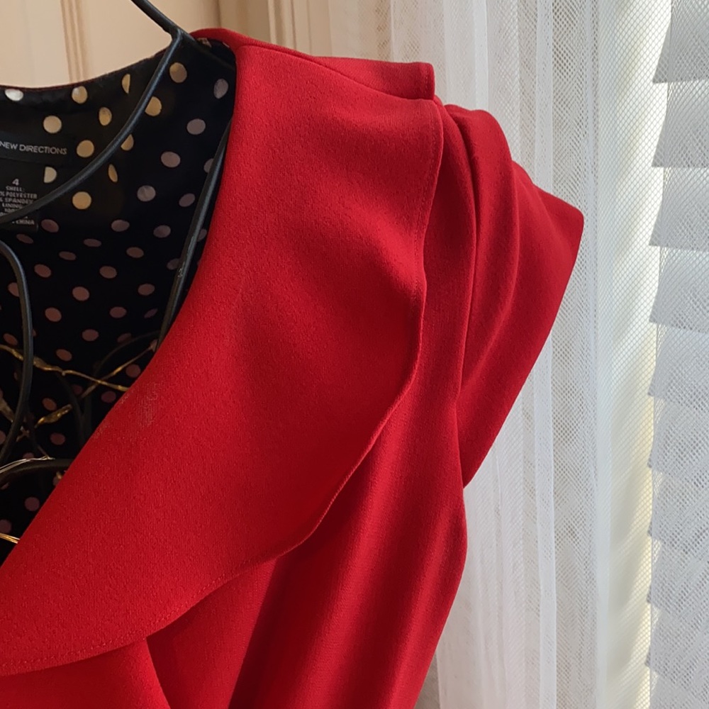 Red wrap dress with side tie and ruffled neck line. - Picture 2 of 4